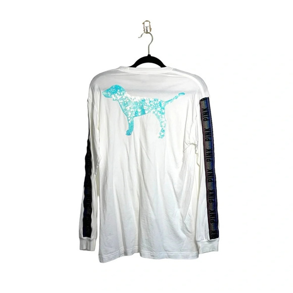 PINK Victoria’s Secret Campus Tee White Rainbow Sequin Icon Sleeve Small Women’s - Picture 7 of 13
